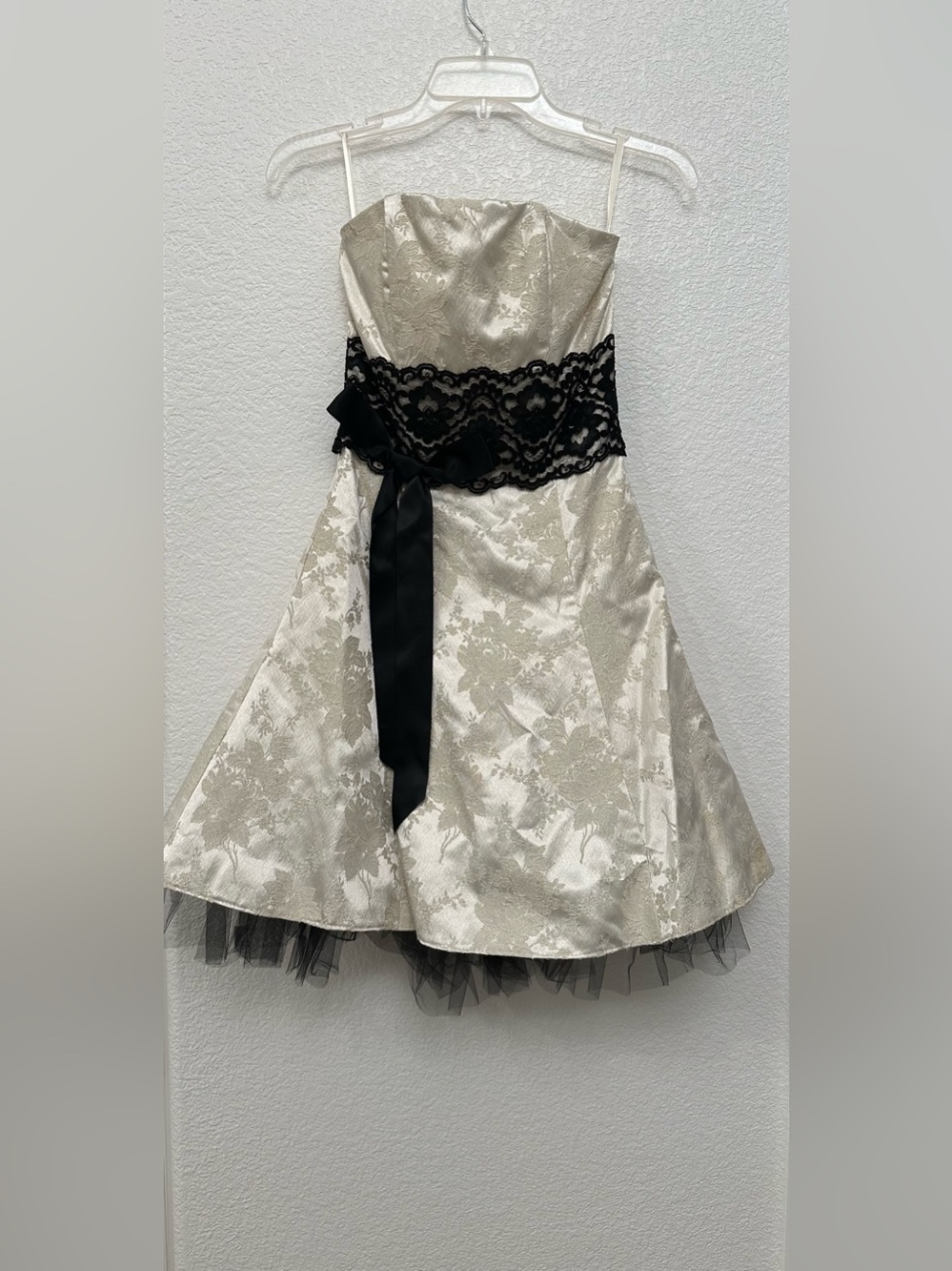 Ivory Brocade Strapless Dress with Black Lace Sash